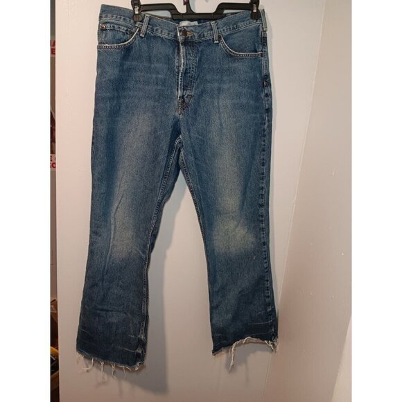 American Eagle Jeans Mens 36x32 Blue Athletic Bootcut Distressed Bottom - Picture 1 of 5